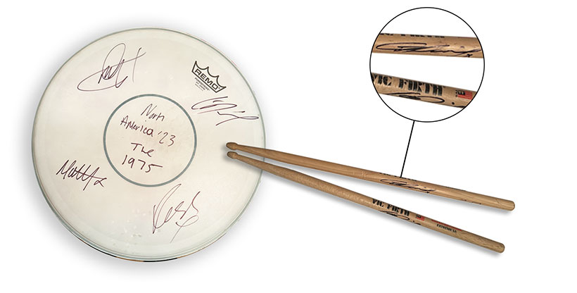  A North America tour used drum skin signed by George, Matty, Adam and Ross 